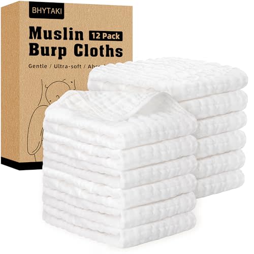 BHYTAKI 12-Pack Muslin Burp Cloths for Baby Boys & Girls, 20"X10" Essentials Large 100% Cotton Burp Rags, 6 Layers Extra Absorbent and Soft burping Cloths for Babies (White)