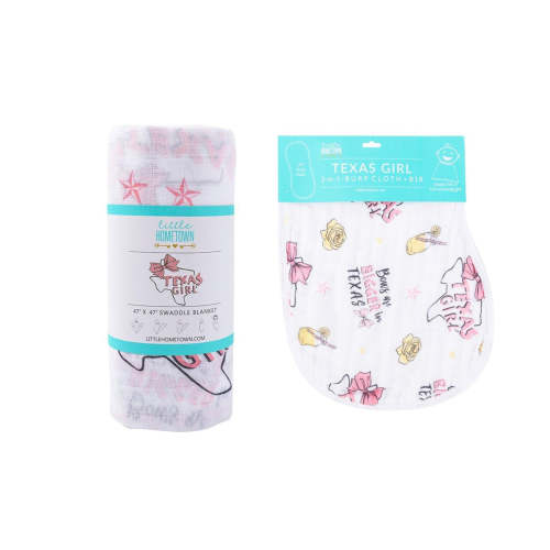 Gift Set: Texas Baby Girl Muslin Swaddle Blanket and Burp Cloth/Bib Combo