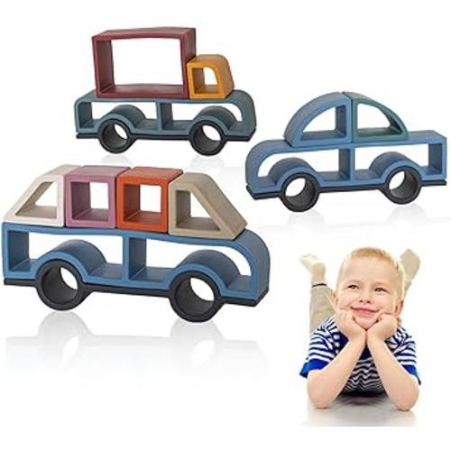 Stick It Montessori Food Grade Silicone Stacking Vehicles, 14 Pcs Toddler Baby Building Blocks Teether Educational Open Ended Shapes STEM Toy, 18+ Months (Set of 3 (Truck, Van, Car))