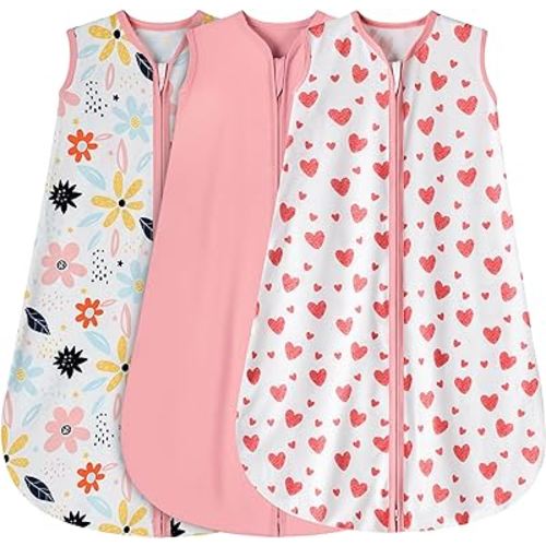 BSTOPPT 3 Pack Baby Sleep Sack 6-12 Months 100% Rayon Cotton Baby Sleeping Bag 2-Way Zipper Toddler Wearable Blankets TOG 0.3 (Heart&Pink&Floral)
