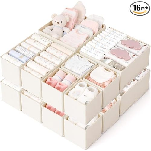Drawer Organizer, 16 Pack Baby Dresser Organizer for Nursery, Foldable Closet Organizers and Storage Dresser Dividers for Clothes, Socks, Scarves, Ties (Beige)