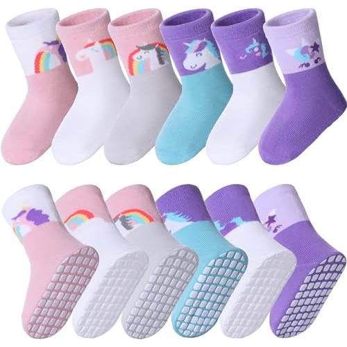 MQELONG 6 Pairs Baby Girls Non Slip Crew Socks Grips Socks for Infants Toddlers Kids Girls