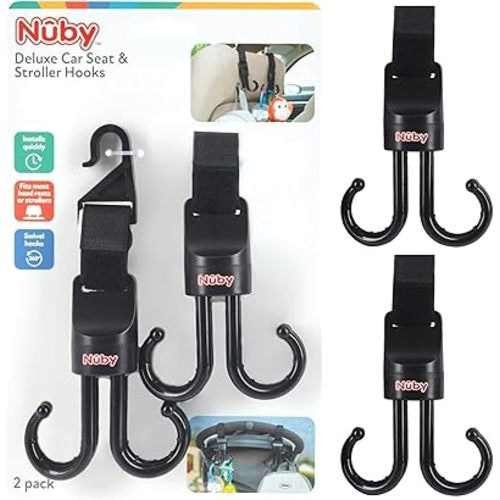 Nuby 2-in-1 Deluxe Adjustable Baby Stroller & Car Seat Hooks for Hanging Bags, Toys- Hang or Remove Items from Hooks with one Hand/ 2 Pack – 8 Hooks Total, Black