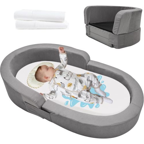 ABORON Portable Toddler Travel Bed 2-in-1 Foldable Floor Bed for Kids with 2 Waterproof Mattress Covers, Convertible Baby Crib Kids Sofa Chair Toddler Camping Bed Cot for Boys Girls