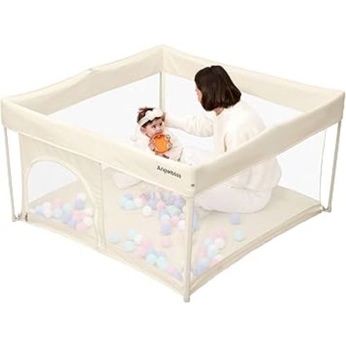 Foldable Baby Playpen 50"×50", Out-of-The-Box Ready Playpen for Babies and Toddlers, Portable Play Yard with Breathable Mesh & ASTM F406 Certified (Beige)