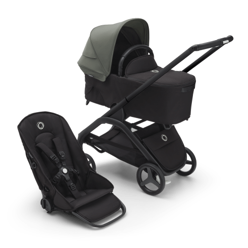 Bugaboo Dragonfly bassinet and seat stroller black base, midnight black fabrics, forest green sun canopy