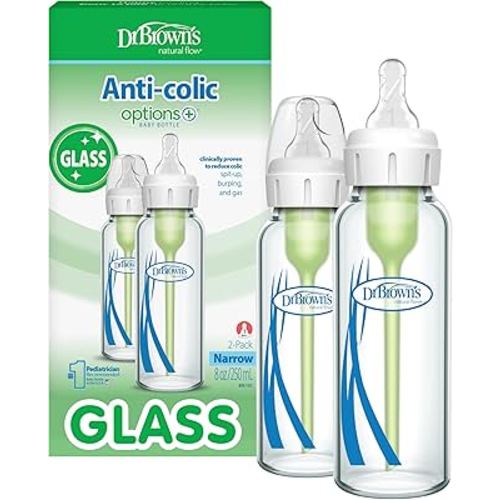 Dr. Brown's Anti-Colic Options+ Narrow Glass Baby Bottle with Level 1 Slow Flow Nipple, BPA-Free, 8 oz/250 mL, 2-Pack