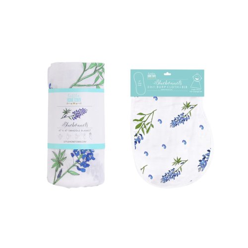 Gift Set: Bluebonnets Swaddle Blanket and Burp Cloth/Bib Combo – Little Hometown