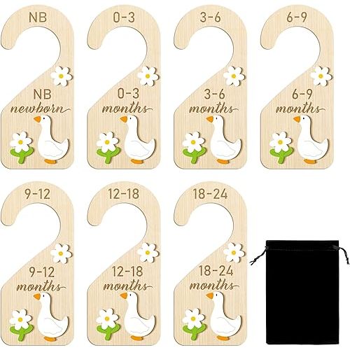 R HORSE Wooden Baby Closet Dividers - 3D White Goose Baby Closet Organizer, 8Pcs Double-Sided Cute Goose Newborn Clothes Size Hanger Dividers, Nursery Decor Birthday Gift for Boy Girl (0-24 Months)