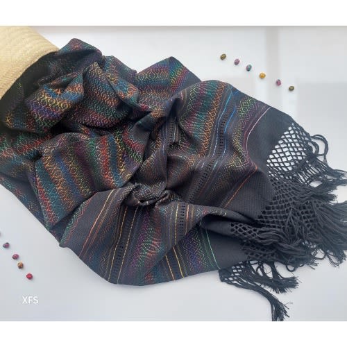 Mexican rebozo scarf for natural birth, belly binding, babywearing, ideal for doula, midwife. 98.5"x 27.55". Rainbow Black