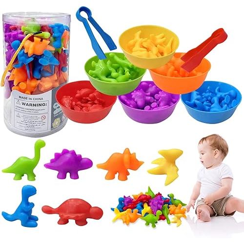 Counting Dinosaurs Matching Game Color Sorting Toys with Sorting Bowls Montessori STEM Color Classification Sensory Training Early Educational Preschool Learning Toys for Toddlers Kids Ages 3 4 5