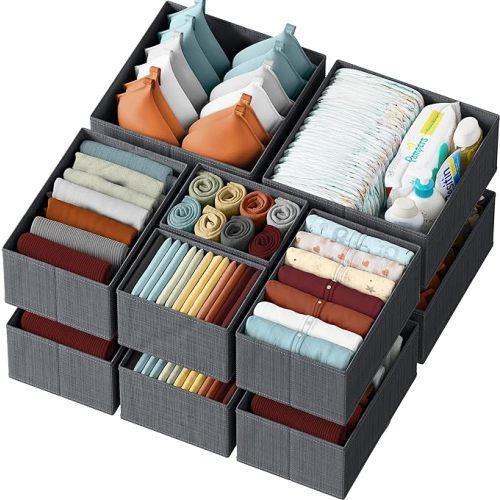 Drawer Organizer Clothes Set of 12 White-Grey - Dresser Organizer For Nursery, Bedroom, Closet - Perfect Baby Clothes Organizer and Storage & General Nursery Organization or Dresser Drawer Organizers