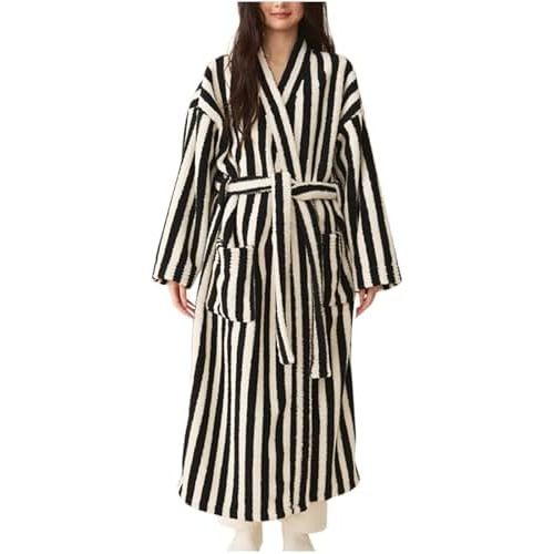 Womens Striped Robe Fleece Plush Soft Fluffy Fuzzy Cozy Winter Warm Lightweight Bathrobe, Shower Spa House Long Robe