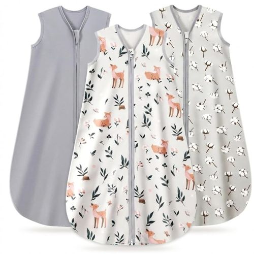 3 Pack Baby Sleep Sack 6-12 Months 100% Organic Cotton, 0.5 TOG Lightweight Wearable Blanket, 2-Way Zipper Sleeping Bag, Cotton&Fawn&Grey