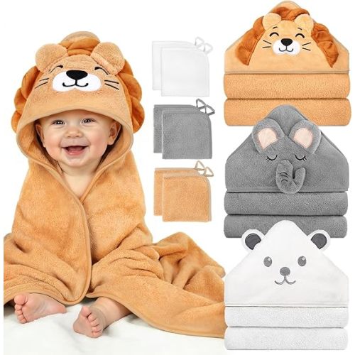 9 PCS Baby Bath Towels Set for Newborn Essentials (Lion, Bear, Elephant) | 3 PCS Animal Hooded Baby Towels, 6 PCS Washcloths Set, Ultra Absorbent Soft, Cute Infant Essentials, Gift for Boys & Girls