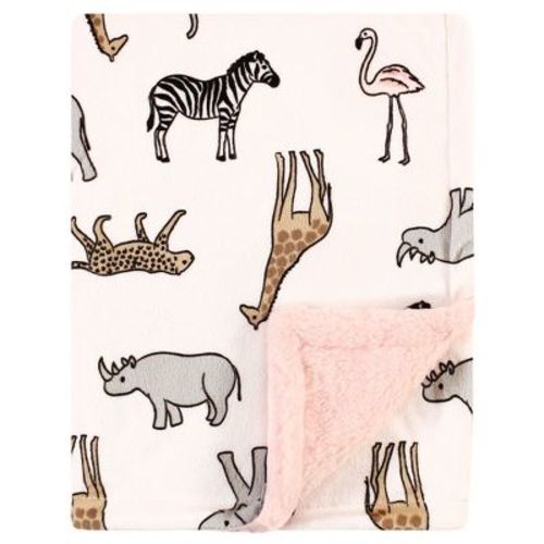 Hudson Baby Infant Girl Plush Blanket with Faux Shearling Back, Modern Pink Safari, One Size