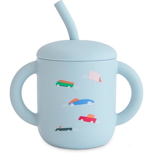 mushie 100% Silicone Training Cup & Straw for Toddlers | 6 Months+ (Retro Cars)