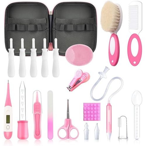 Baby Healthcare and Grooming Kit, 21 in 1 Portable Baby Essentials Kit with Gas Relief Hair Brush Comb Nasal Aspirator for Newborn Boys Girls (Pink)
