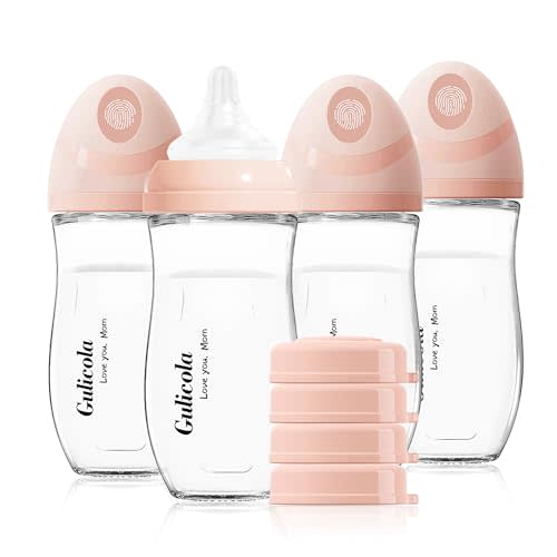 Gulicola Natural Glass Baby Bottle 8 oz for Breastfed Babies, Anti-Colic Baby Bottle Set with Medium Flow Nipple, 3 Months +, 4 Pack - Pink