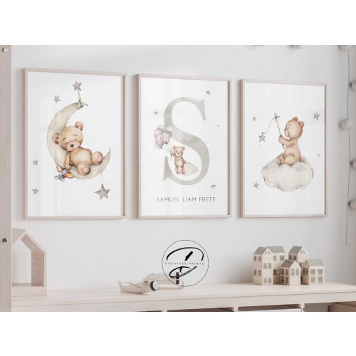 Set of 3 Personalised Teddy bear Nursery wall art prints, Neutral Nursery, kids bedroom decor, Woodland Nursery, Name art print, Moon clouds