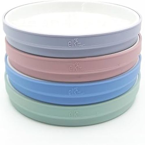 Elk and Friends Kids 7.8” Porcelain White Plates with Silicone Sleeves | Suitable for Babies/Toddlers | Microwave & Dishwasher Safe | Non Slip Dinnerware | Snack Dishes | 4 Pack