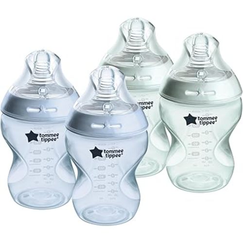 Tommee Tippee Natural Start Anti-Colic BPA Free Baby Bottles, 9oz, Newborn 0+ Months, Slow Flow Breast-Like Nipple, Designed for Seamless Transitions Between Bottle and Breast, Blue/Green, Pack of 4