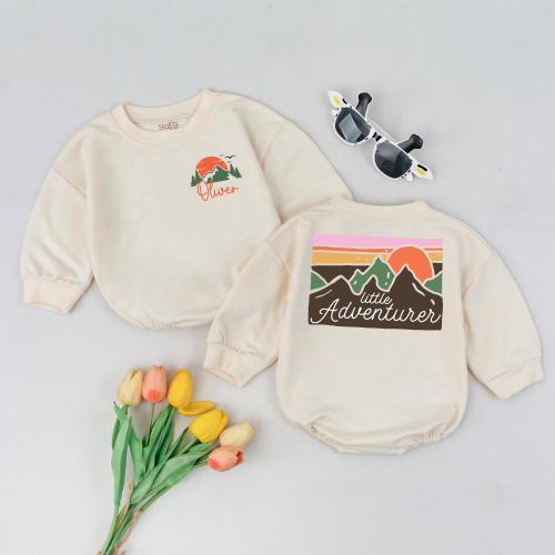 Personalized Little Adventurer Baby Bubble Romper, Custom Name Mountain Sunset Newborn Coming Home Outfit