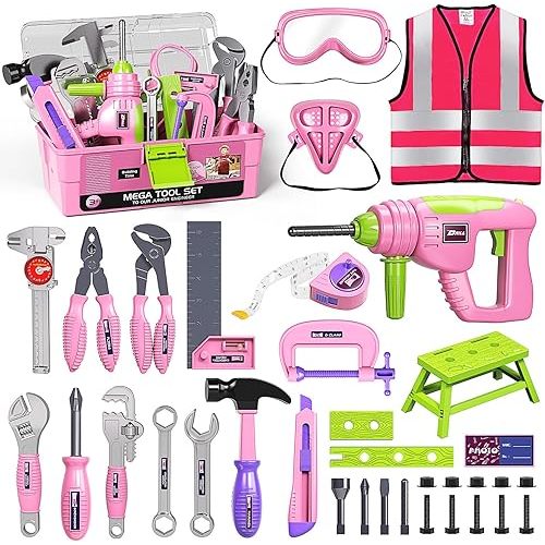Deejoy Tool Set with Tool Box & Electronic Toy Drill, Pretend Play Kids Construction Kits for Kids Ages 3-5 Years Old, Toddler Tool Set(Pink)