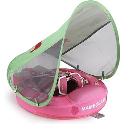 Mambobaby Float Add Tail Newest Baby Swim Float with Canopy Solid Pool Infant Swim Trainer Swimming Training Lying Air Free Water Floats Non-Inflatable Waist Swim Ring for Toddlers (Dragon Fruit)
