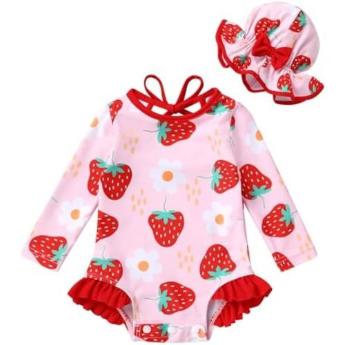 YOUNGER TREE Infant Baby Girls Swimsuit Long Sleeve Swimsuits One Piece Swimsuit Solid Color Bathing Suit with Hat