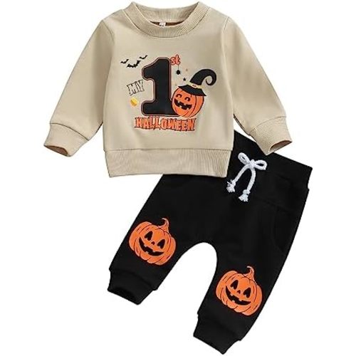 YOKJZJD My First Halloween Baby Boy Outfit Pumpkin Letter Sweatshirt Long Sleeve T-Shirt Pants Set Sweatsuit Fall Clothes