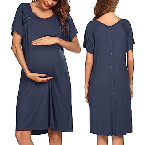 Evanhome Labor and Delivery Gown Short Sleeve Maternity Nightgown Hospital Nursing Gown Breastfeeding with Buttons S-XXL