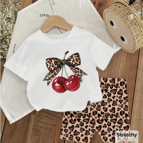 Wildeya Baby Girl Cherry Print Short Sleeve T-Shirt And Leopard Print Shorts Set