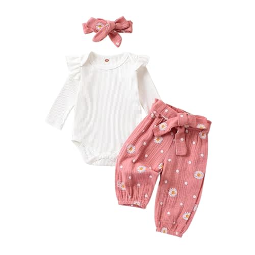 DYKATE Newborn Baby Girl Clothes Rib Knit Romper Daisy Print Pants Infant Girl Outfit with Headband