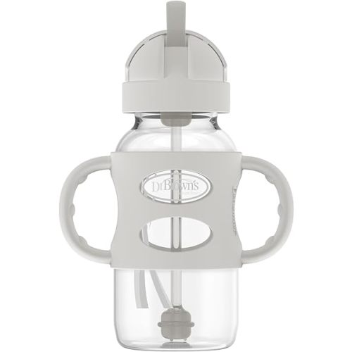 Dr. Brown's Milestones Wide-Neck Sippy Straw Bottle with 100% Silicone Handles and Weighted Straw, 9 oz/270 mL, Gray, 6m+