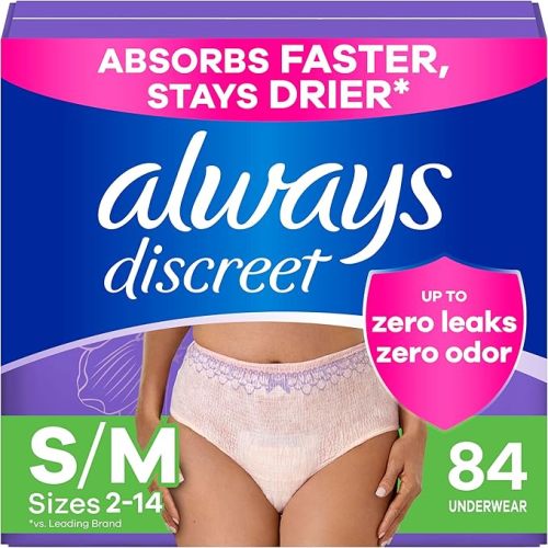 Always Discreet Adult Incontinence Underwear for Women and Postpartum Underwear, Small/Medium, Up to 100% Bladder Leak Protection, 84 Count (2 Packs of 42)
