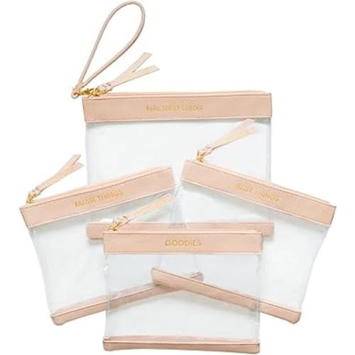 Diaper Bag Organizing Pouches | Set of 4 Including Diaper Clutch | Dry Wet Bag (Blush & Clear)