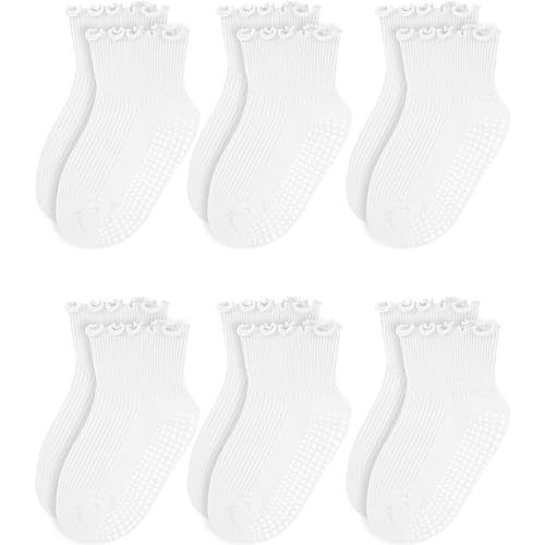 Sooneeya Girls Ruffle Socks - Baby Toddler Non-Slip Socks with Grips - Indoor Soft Cotton Frilly Ankle Sock