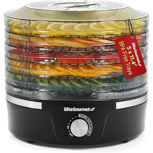 Elite Gourmet EFD319 Food Dehydrator, 5 BPA-Free 11.4" Trays Adjustable Temperature Controls, Jerky, Herbs, Fruit, Veggies, Dried Snacks, Black