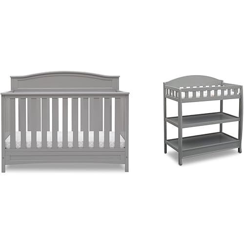 Delta Children Emery 4-in-1 Convertible Baby Crib - Greenguard Gold Certified, Grey & Infant Changing Table with Pad, Grey