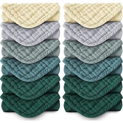 MOON PARK Baby Washcloths, 12 Pack - 12x12 Inches, Small Burp Cloths and Baby Wipes - 100% Cotton Muslin Ultra Soft for Newborn, Infant and Toddlers - Ivory, Slate and Emerald Series
