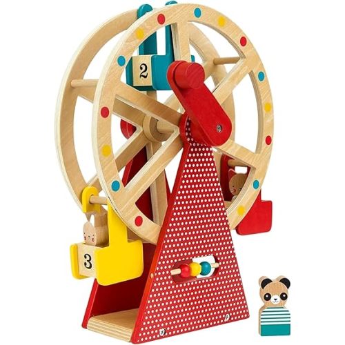 Petit Collage Ferris Wheel Carnival Wooden Toy, 2 Animal Characters Included – Pre-Assembled Wooden Ferris Wheel Toy with Sturdy Wood Construction, Non-Toxic and Safe for Kids, Ideal for Ages 3+