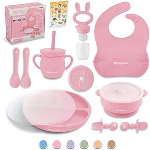 Silicone Baby Feeding Set - Infant Tableware for First Foods & Baby, Led Weaning (0+ Months), Easy to Clean, Durable, Perfect for Baby Boy or Girl, Solid Feeding - Pink - Standard