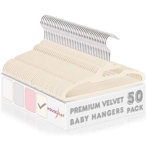 HOUSE DAY Premium Baby Velvet Hangers 50 Pack for Kids, Non Slip Baby Clothes Hangers for Closet, 11 Inch Children's Hanger Space Saving on Baby Organization, Ivory