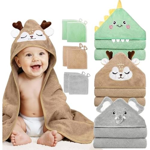 CandyHome 9 PCS Baby Bath Towels for Infants Toddlers, 3 PCS Animal Hooded Baby Towels & 6 PCS Washcloths Set, Ultra Absorbent Soft Cute Newborn Bath Essentials Gifts for Boys & Girls