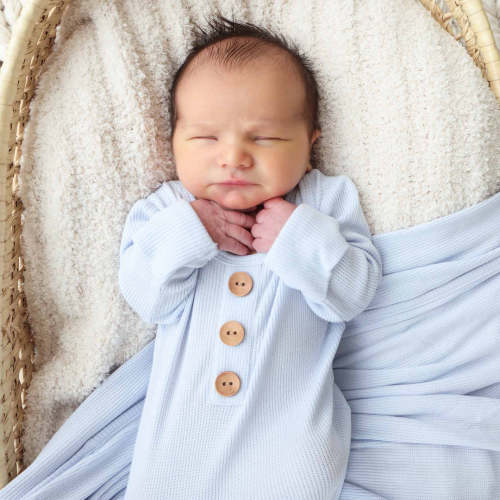 Ice Blue Bamboo Waffle Newborn Baby Knot Gown & Hat Set