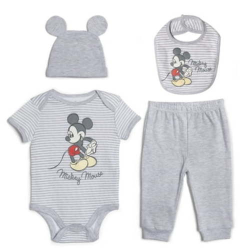 Disney Baby Boys Mickey Mouse Bodysuit Pants Bib Hat, 4-Piece Set (3-6 Months)