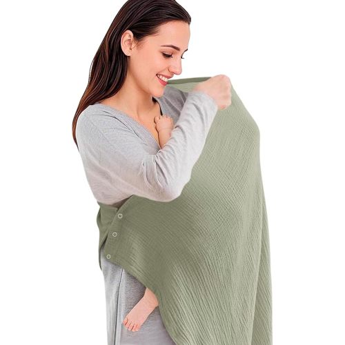 Konssy Muslin Nursing Cover for Baby Breastfeeding, Breathable 100% Cotton Breastfeeding Cover with 3-Point Rotary Buckle, Multi-Use Car Seat Cover Baby, Nursing Blanket(Fog Green)
