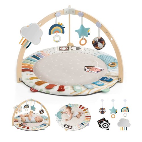 Blissful Diary Baby Play Gym & Activity Mat, 5 Developmental Zones Wooden Tummy Time Mat with 6 Detachable Sensory Toys for Motor Skills & Sensory Development, Baby Essentials Shower Gift