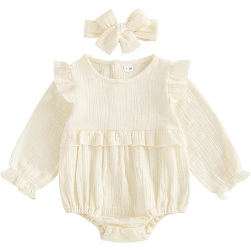 Newborn Infant Baby Girl Clothes Cotton Linen Long Sleeve Smocked Bubble Romper Ruffle Bodysuit Jumpsuit Fall Outfit